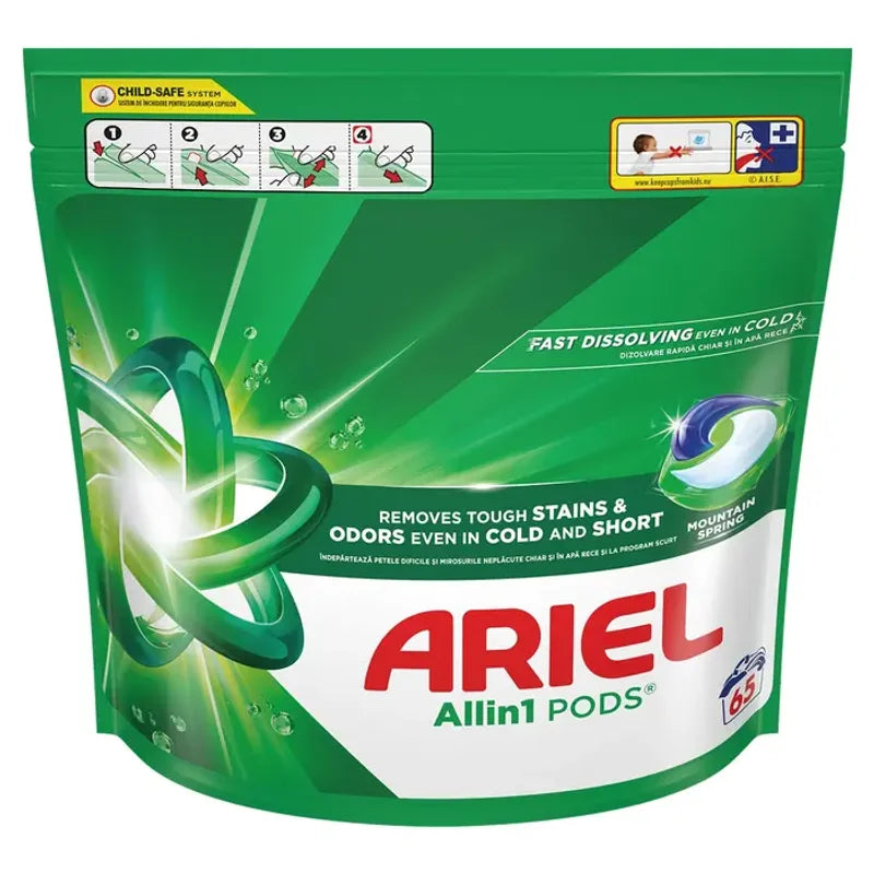 Ariel All in One Pods Mountain Spring, Detergent Automat de Rufe, Capsule, 65 Buc
