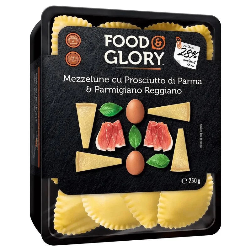 Food Glory Paste mezzelune cu ou, umplute cu prosciutto di Parma si branza Parmigiano Reggiano