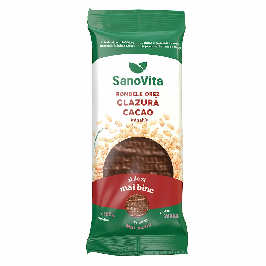 SanoVita Rondele din Orez cu Glazura de Cacao Fara Zahar 66g