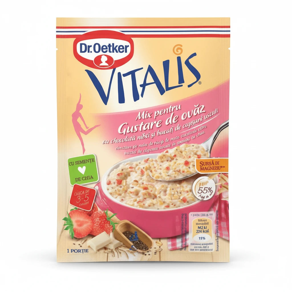 Dr.Oetker Vitalis Gustare de ovaz cu ciocolata alba si capsuni